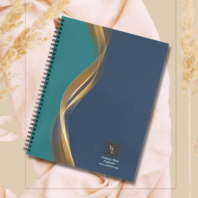 Elegant Gold Wave Blue Teal with Business Logo Notebook
