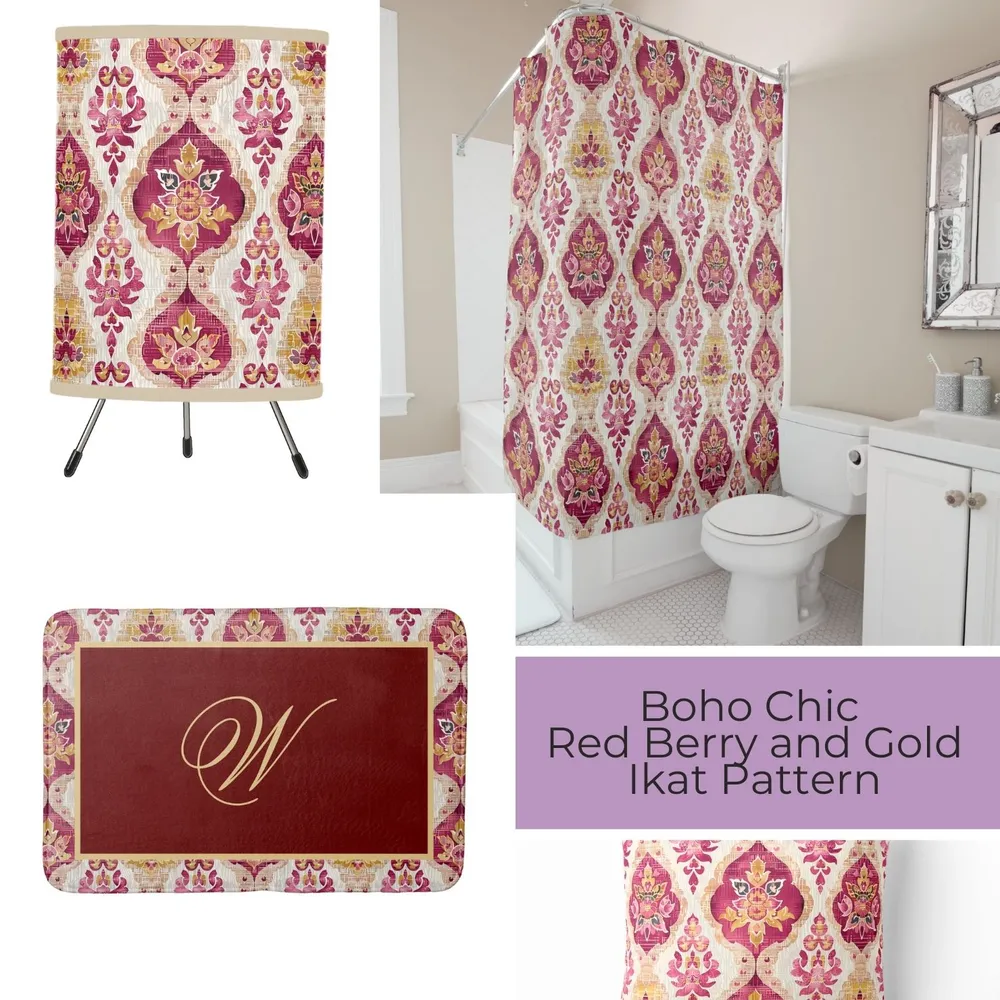 Boho Chic Red Berry and Gold Ikat Pattern