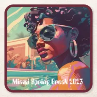 Miami Spring Break Black Woman in Pool Painting Square Paper Coaster