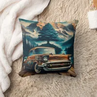 Vintage Car Amidst Mountains and Forests Throw Pillow