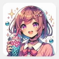Cute Anime Girl Holding Bubble Tea Square Sticker
