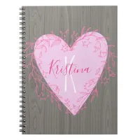 Cute Heart with Pink Floral Doodle Frame on Wood Notebook