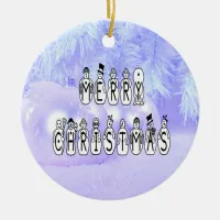 Merry Christmas Snow People Font, Blue Tint Snow Ceramic Ornament