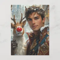 Fantasy Handsome man and reindeer Christmas Postcard