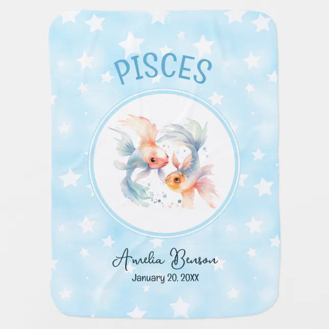 Cute Watercolor Illustration Pisces Zodiac Name Baby Blanket