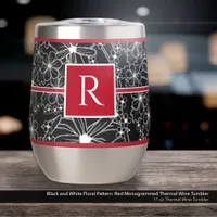 Black and White Floral Pattern: Red Monogrammed Thermal Wine Tumbler