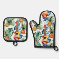 Tropical Leaves Pineapple Ukulele Barbecue Summer Oven Mitt & Pot Holder Set