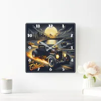 Hot rod cruising a vibrant night city square wall clock