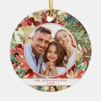 Rustic Red Holiday Floral Christmas Photo Ceramic  Ceramic Ornament