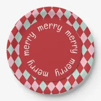 Red Pink & Mint Christmas Argyle Paper Plates