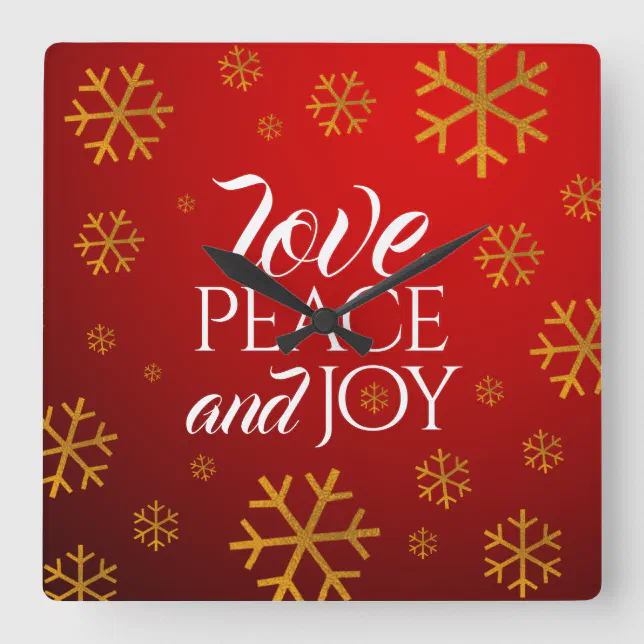 Festive Red Love, Peace, and Joy with Snowflakes Square Wall Clock