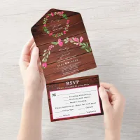 Rustic Brown Wood Pink Floral Country Wedding RSVP All In One Invitation
