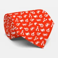 Crab and Lobster Red White Seafood Patterned Neck Tie