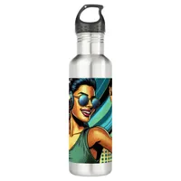 Pop Art Woman in Headphones Dancing Stainless Steel Water Bottle