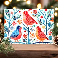 Folk Art Birds and Flowers Colorful Floral Holiday Card