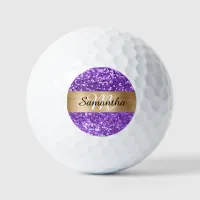 Sparkly Purple Glitter Gold Foil Monogram Golf Balls