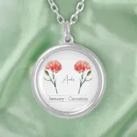 January Birth Month Flower Carnation Silver Plated Necklace