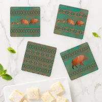 Southwest Cute Javelina Family Copper Teal Coaster Set