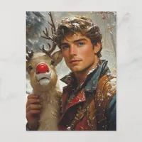 Fantasy Handsome man and reindeer Christmas Postcard