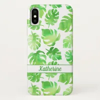 Tropical Green Watercolor Leaves Pattern with Name iPhone X Case