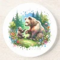 Cute Watercolor Bear and Cub  Coaster