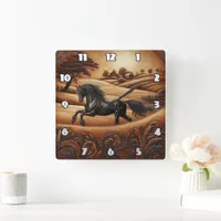 Black Horse at Sunset in Countryside Square Wall Clock