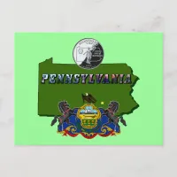 Pennsylvania Map, Quarter, Flag and Picture Text Postcard