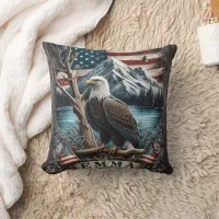 Majestic Eagle Perched by Mountain River Throw Pillow