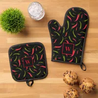 Chilli Peppers Patterned Monogram Oven Mitt & Pot Holder Set