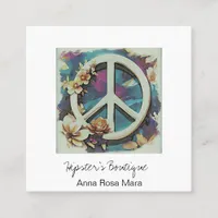 *~* White Peace Sign Flowers Grunge QR Boho AP57 Square Business Card