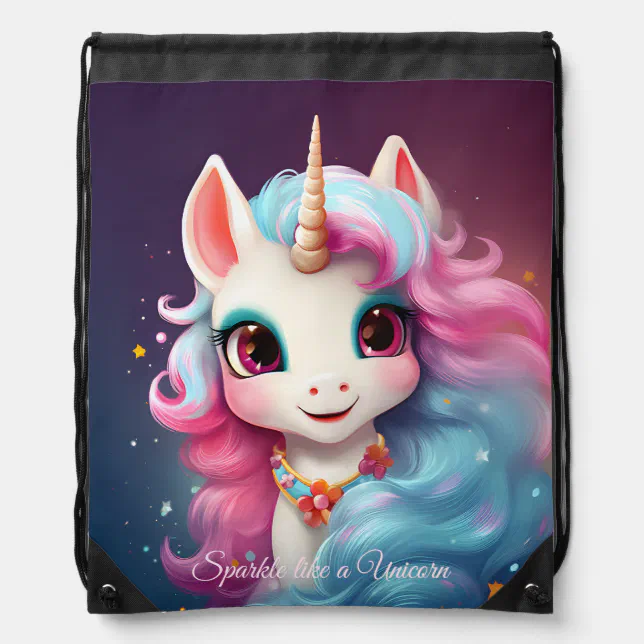 Cute Unicorn Cartoon in Pink & Purple Personalized Drawstring Bag