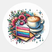 Flowers, Coffee and Rainbow Cake   Classic Round Sticker