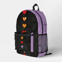 Purple & Black Hearts and Skull Printed Backpack