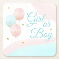 Pink and Blue Balloons Boy or Girl Gender Reveal Square Paper Coaster