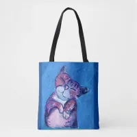 Cozy Cat Painted Kitty Cute Feline Fun Blue Tote Bag