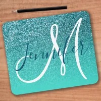 Turquoise Ombre Teal Faux Glitter Monogram Mouse Pad