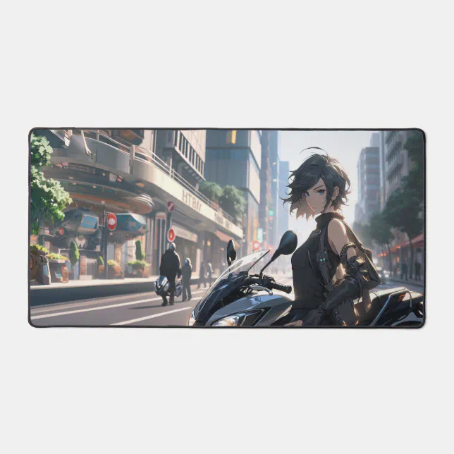 Anime woman biking downtown desk mat