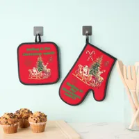 Rolling in the Christmas Spirit Vintage white Oven Mitt & Pot Holder Set