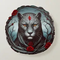 A striking illustration of a panther round pillow