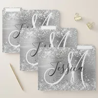 Glittery Silver Foil Black and White Monogram File Folder