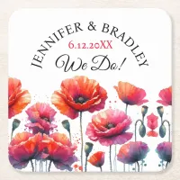 Red Poppies Floral Wedding Square Paper Coaster