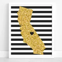 Gold Glitter California Black and White Stripes Poster