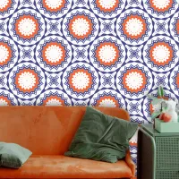 Folk Ethnic Talavera Blue Orange White Geometric Wallpaper