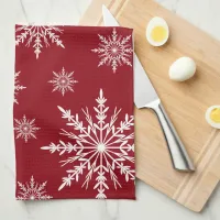 White Winter Snowflakes on Red Kitchen Towel