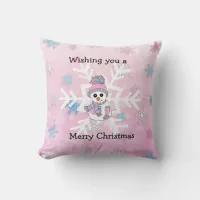Merry Christmas Whimsical Snowman and Snowflake Throw Pillow