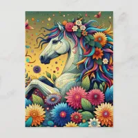 Pretty Whimsical Horse in Colorful Flowers Postcard