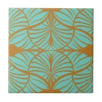 Elegant Art Deco Turquoise & Gold Gouache Scallops Ceramic Tile