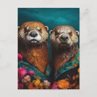 Cute Otters Floral Portrait Postcard