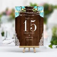 Aqua Mint Rustic Wood String Lights Floral Wedding Table Number