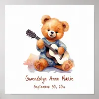 Nursery Art Poster Teddy Bear Guitar Customizable